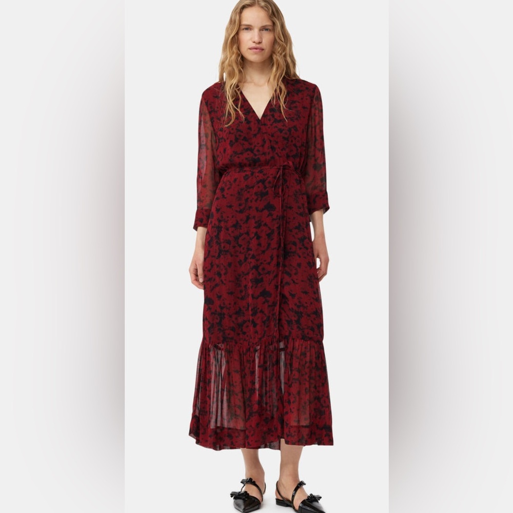 GANNI red printed light georgette wrap midi dress